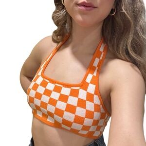 Princess Polly White & Orange Checkered Halter Crop Top NWT Small / Medium Y2K
